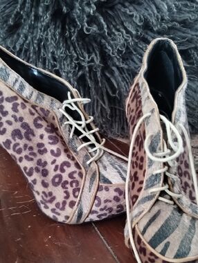 Promise Leopard and Zebra Print Lace-Up Heels - Taupe & Dark Brown Size 7.5